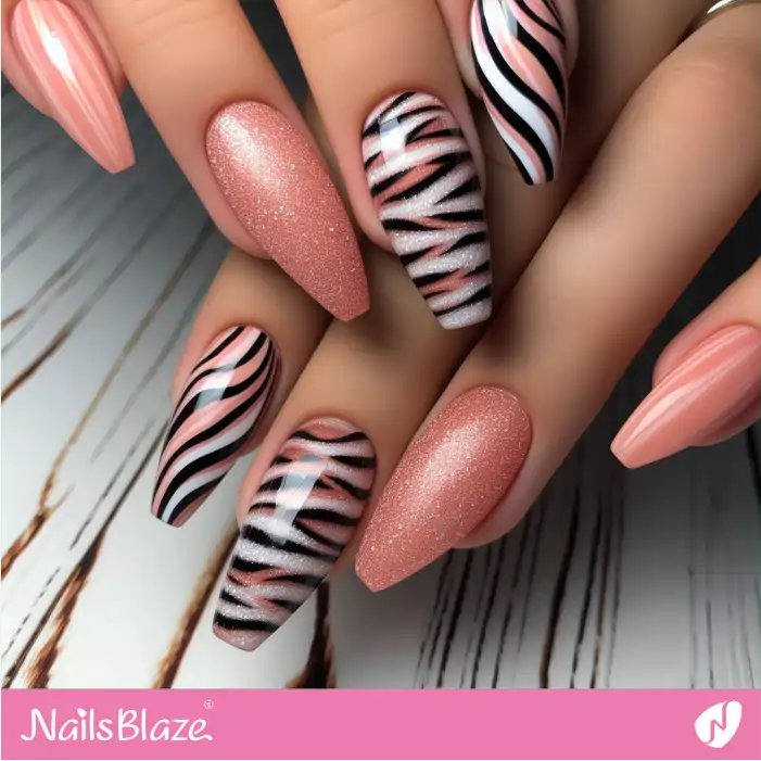 Glitter Peach Fuzz Zebra Print Nails | Animal Print Nails - NB2474